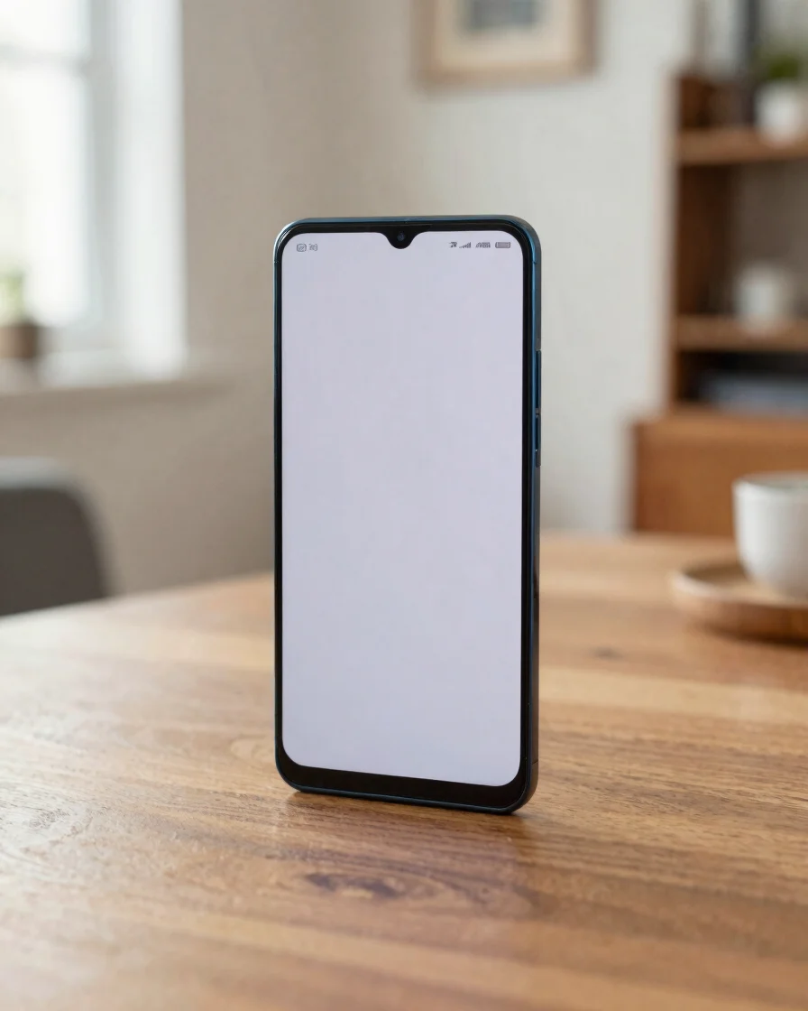 Close framing of a modern Android phone resting on a clean wooden